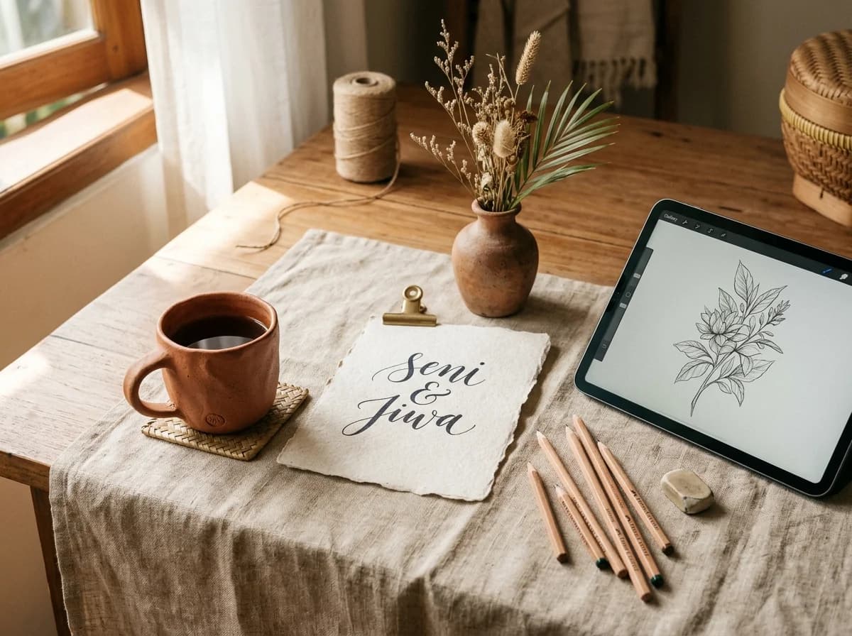 Karya kaligrafi dan ilustrasi digital di meja studio kreatif